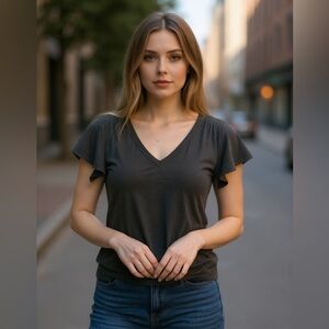 White House Black Market Black/Charcoal Flutter Sleeve V-Neck Top | Size M